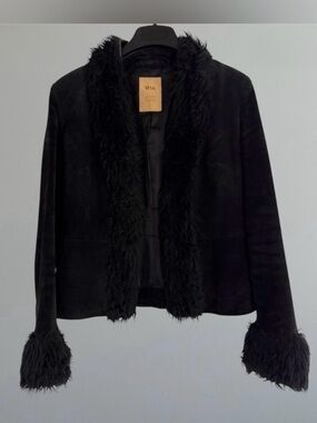 MANGO Vintage Genuine Leather Suede Jacket with Faux Fur